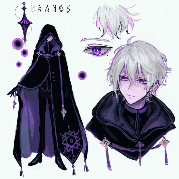 an anime character with white hair and purple eyes, wearing a black cloak over his head