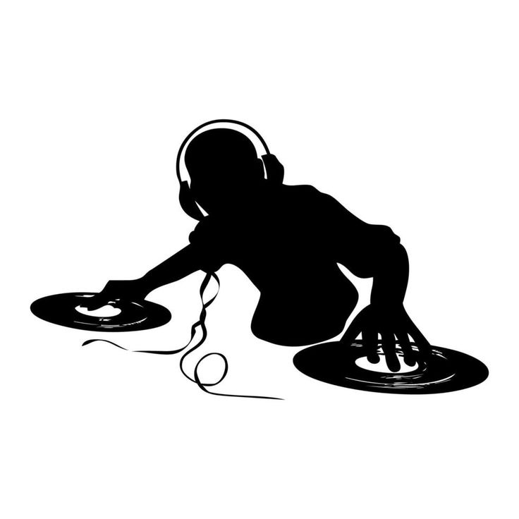 a person with headphones is playing on a turntable and record player silhouetted against a white background