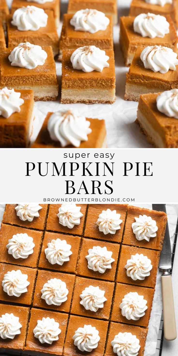 pumpkin pie bars with whipped cream on top and the words super easy pumpkin pie bars