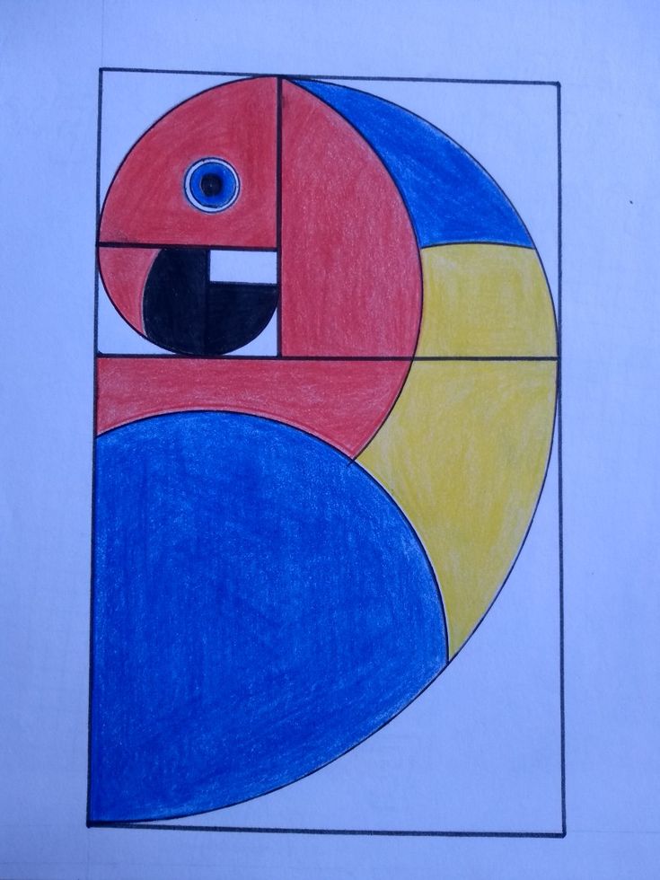 a drawing of an abstract design with blue, yellow and red shapes in the center