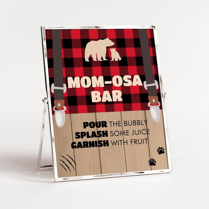 a wooden sign with an image of a bear and the words mom - osa bar on it