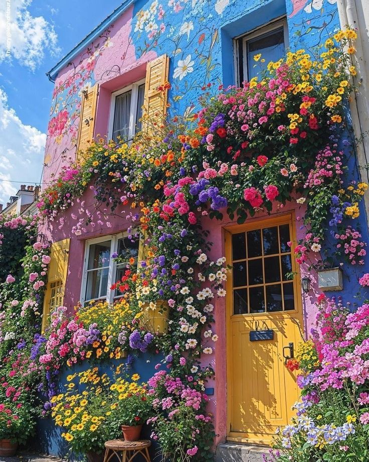 a colorful building with flowers growing on it's side and windows above the door