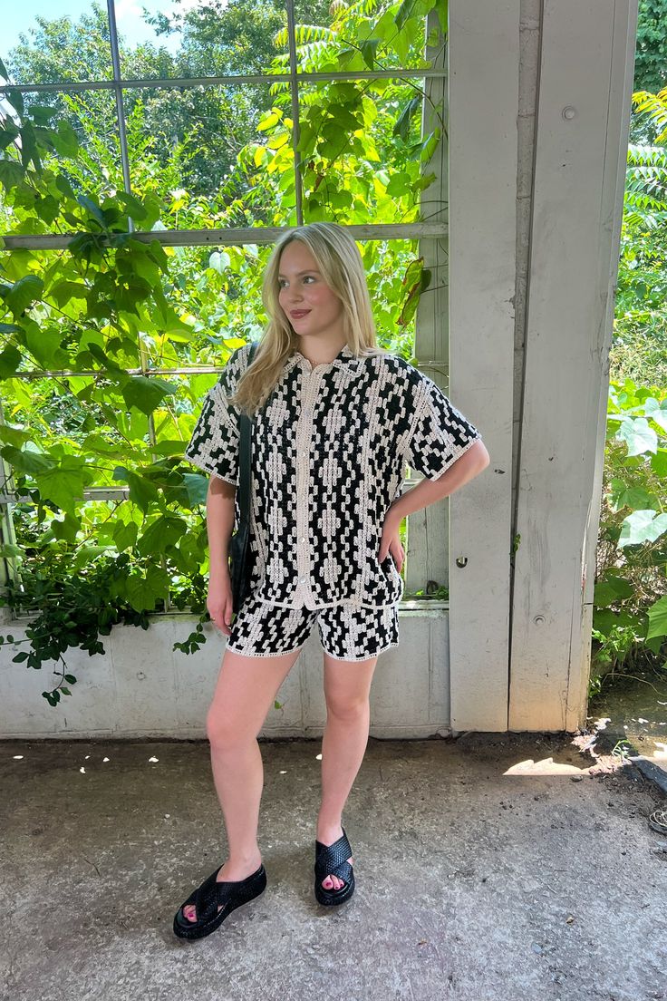 XS fits sizes 0 - 2. S fits sizes 4 - 6. M fits sizes 6 - 8. L fits size 10 - 12. Model wearing a size small in both top & bottom. Model also featured wearing the Dolce Vita Georgia Shoulder Bag. WE ONLY OFFER STORE CREDIT FOR RETURNS! Feel free to email us at hello@shopmaude.com regarding sizing, fit, or our return policy. White Matching Set Tops For Beach, Crew Neck Knit Top For Summer Loungewear, Casual Short Sleeve Knit Top For Beach, White Matching Set Tops For Loungewear, White Matching Set Top For Spring, Summer Short Sleeve Tops With Matching Set, Casual Crew Neck Crochet Top, Casual Relaxed Fit Tops With Matching Set, Casual Relaxed Fit Matching Set Tops