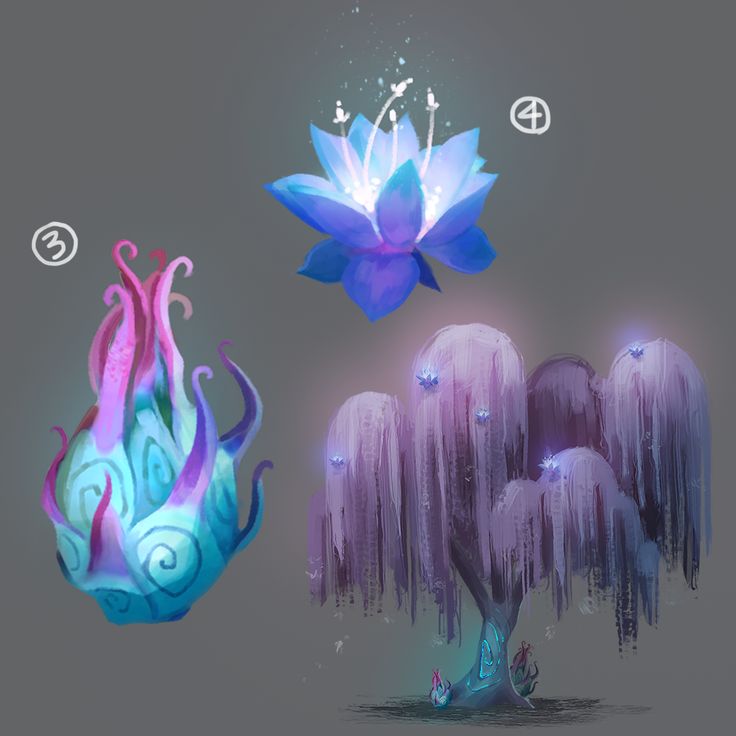 three different types of art work with flowers and trees in the middle one is blue, pink, and purple