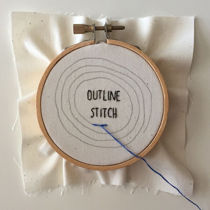 an embroidered piece with the words outline stitch on it and a blue thread in front of it