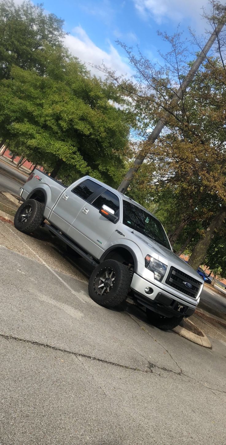 a silver truck is parked on the side of the road in front of some trees