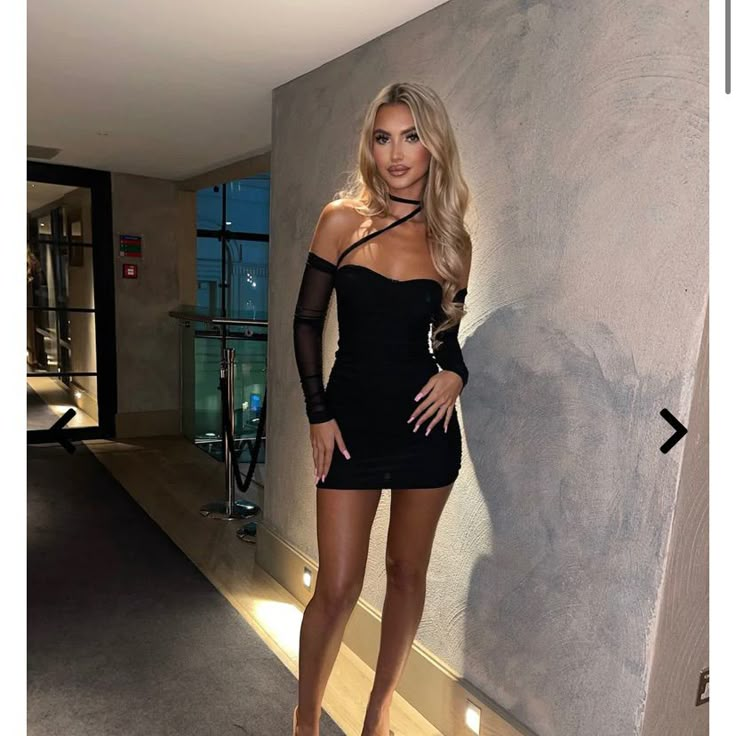 Super Cute! Mesh Arms Neck Tie Going Out Dresses Clubbing, Club Outfits Dresses, Low Cut Black Dress, Black Dress Style, Edgy Dress, Black Bandage Dress, Candy Club, Concert Dresses, Night Club Dress