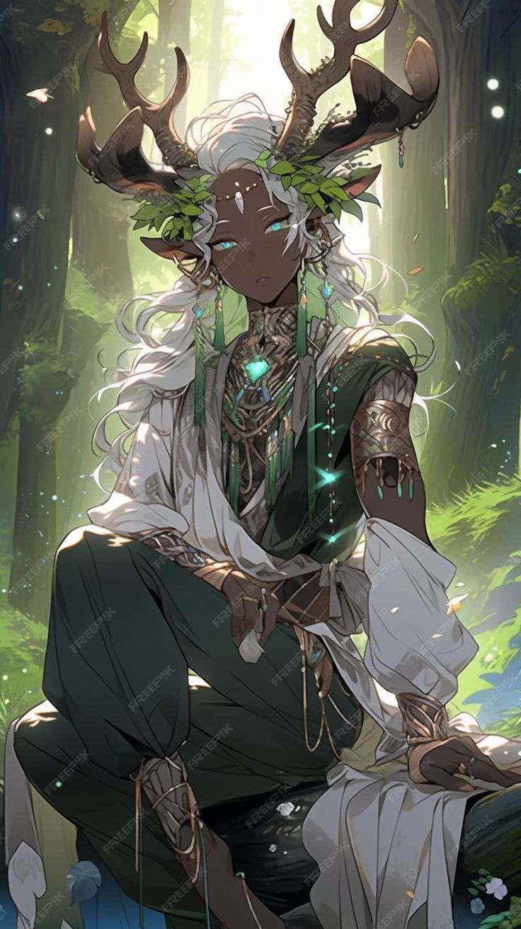 an anime character sitting in the woods with deer horns on her head and green eyes