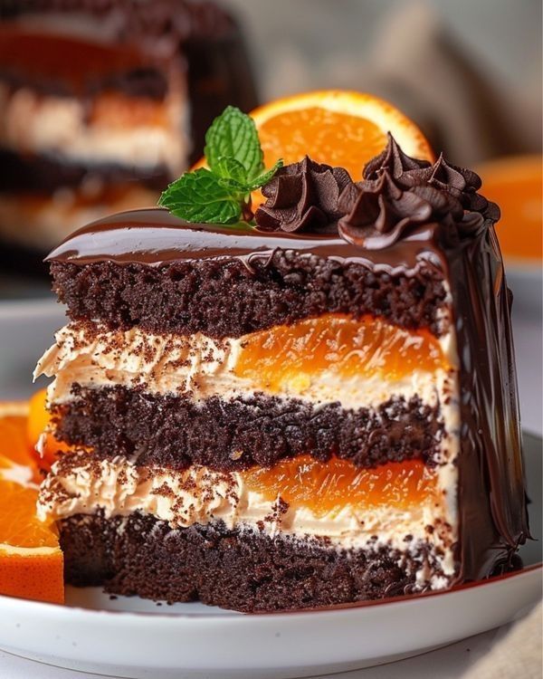 a slice of cake with chocolate frosting and orange slices