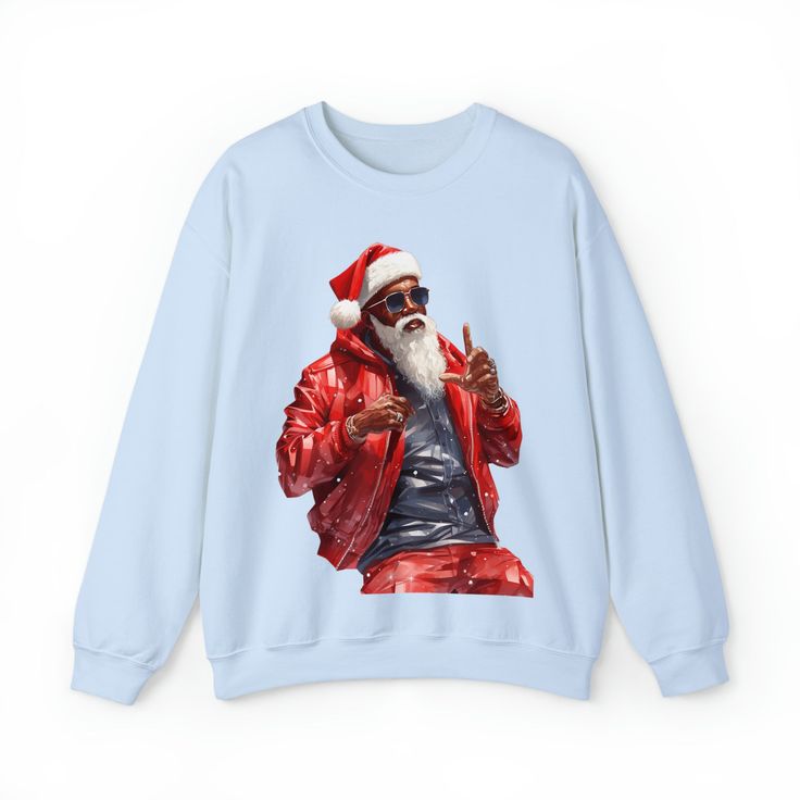 Celebrate the holiday season in style with our ADULT UNISEX urban Santa Claus sweatshirt. This black St. Nick top is made from a cozy blend of 50% cotton and 50% polyester, and it offers a comfortable, loose fit that will retain shape. Don't forget the long sleeves, crew neck, and ribbed knit collar. The unique illustration showcases a modern Santa Claus, adding a festive touch to any occasion. With no itchy side seams, it provides pure comfort and style. Available in various sizes, it's your pe Santa Sweatshirt, Holiday Fashion, Ribbed Knit, Loose Fitting, Mens Outfits, Pure Products, Sweatshirts, Long Sleeve, Clothes For Women