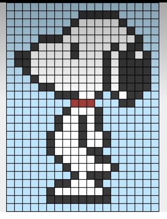 a cross stitch pattern with a dog's face in black, white and red