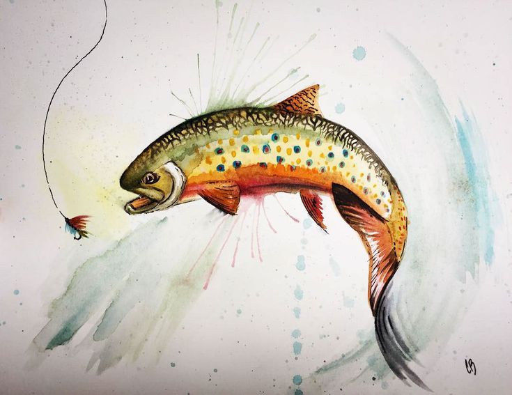 a painting of a fish with its mouth open and it's tail hanging out