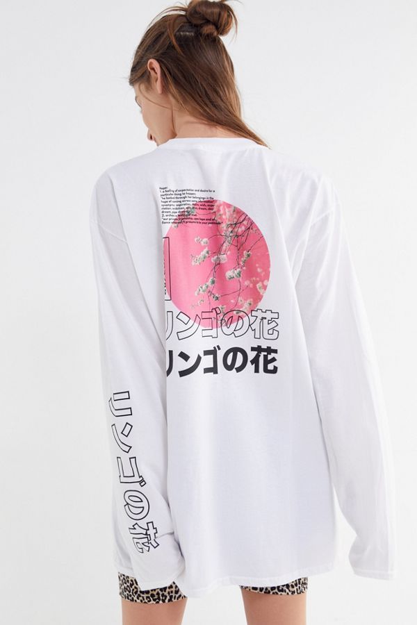 Slide View: 1: Apple Blossom Long Sleeve Tee Harajuku Style Long Sleeve Graphic T-shirt, Harajuku Graphic Design Shirt For Streetwear, Harajuku Style Text Print T-shirt For Streetwear, Harajuku Style Screen Print T-shirt For Streetwear, Graphic Tees Japanese, Henley Long Sleeve, Rare Clothing, Tshirt Quilt, Aesthetic T Shirts