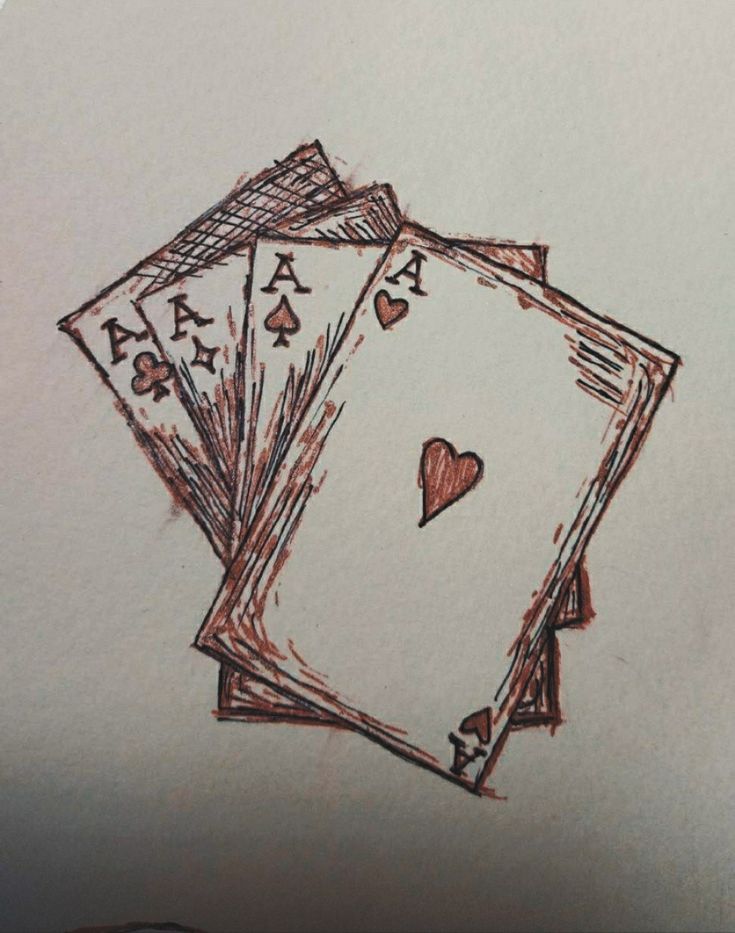 three playing cards with hearts and arrows drawn on them are shown in the middle of a drawing