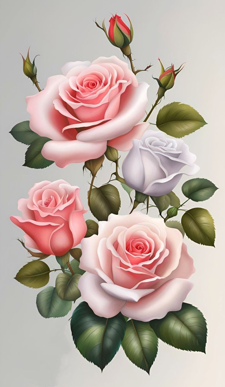 three pink and white roses with green leaves