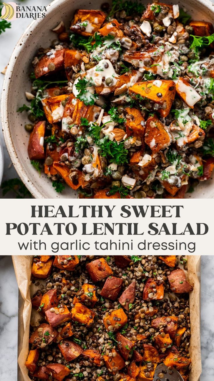 healthy sweet potato lentil salad with garlic and mint dressing