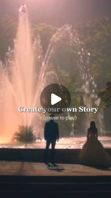 two people standing in front of a fountain with the words create your own story pause to play