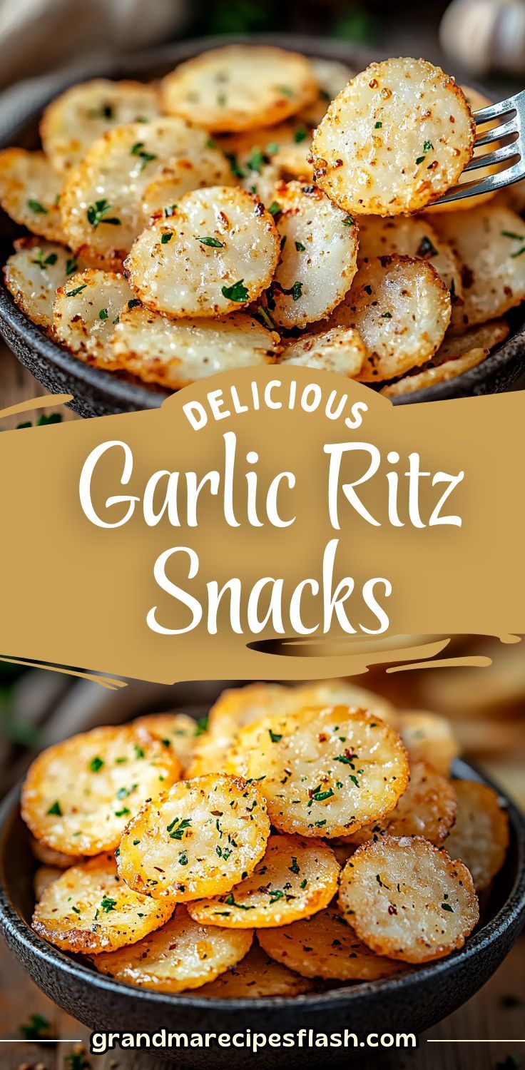 delicious garlic ritz snacks in a bowl with a fork on the side and text overlay