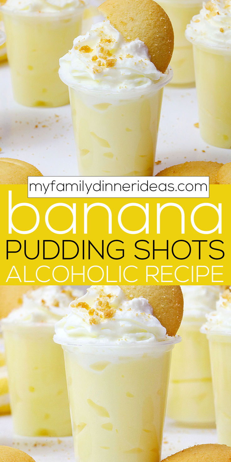 banana pudding shots with whipped cream on top and cookies in the background for desserts