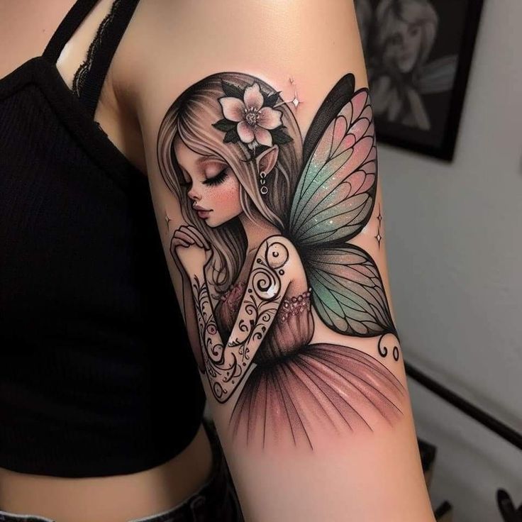 a woman with a butterfly tattoo on her arm is holding a flower in her hand