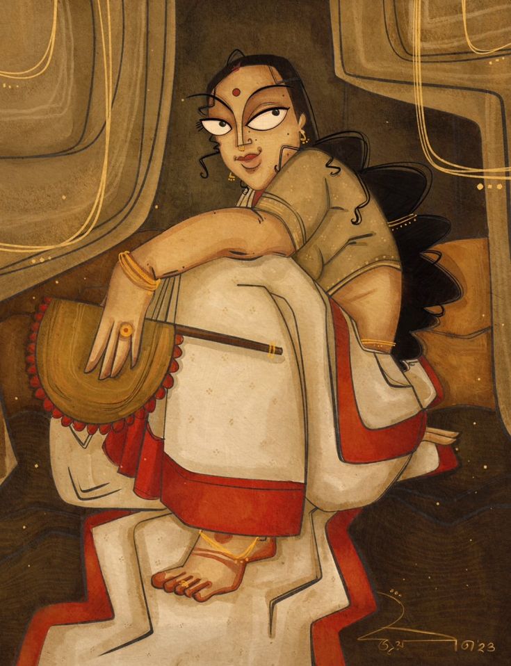 a painting of a woman sitting on top of a chair with her arm around another person's head