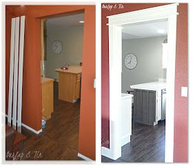 two different pictures of the same room in a house, one with an open door and another with a clock on the wall