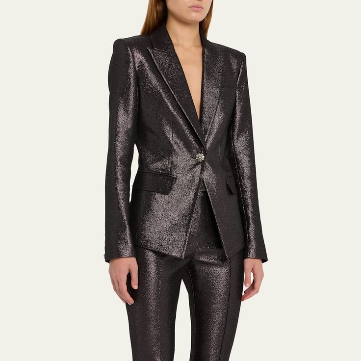 Ramy Brook "Wren" blazer in a metallic finish with embellished button details Approx. 26"L from shoulder to hem Peak lapels; single-button front Single chest welt pocket Long sleeves; button cuffs Hip flap pockets Tailored fit  Polyester/viscose/elastane Professional cleaning is recommended, dry clean Imported Woman Style, Ramy Brook, Professional Cleaning, Wren, Flap Pocket, Welt Pocket, Single Breasted, Tops Designs, Dry Clean