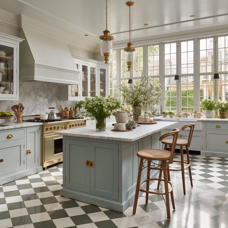 a kitchen with checkered flooring and white cabinets, two stools in front of the island