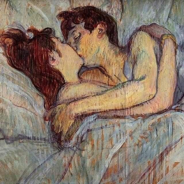 a painting of two people laying in bed with one holding the other's head