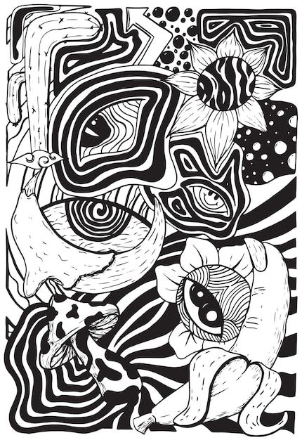 a black and white drawing of an animal with flowers on it's head, surrounded by other animals