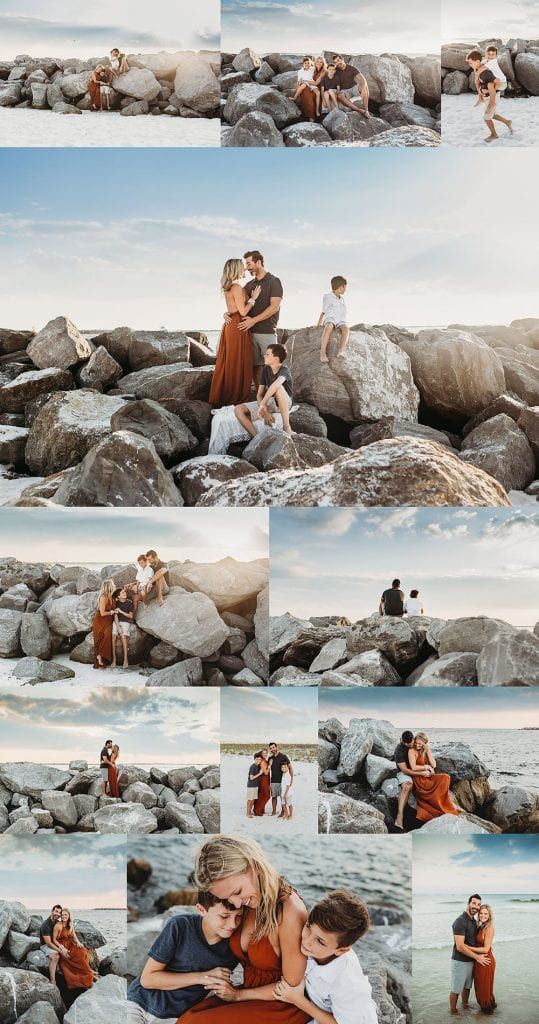 a collage of people sitting on rocks by the water and one person holding a child