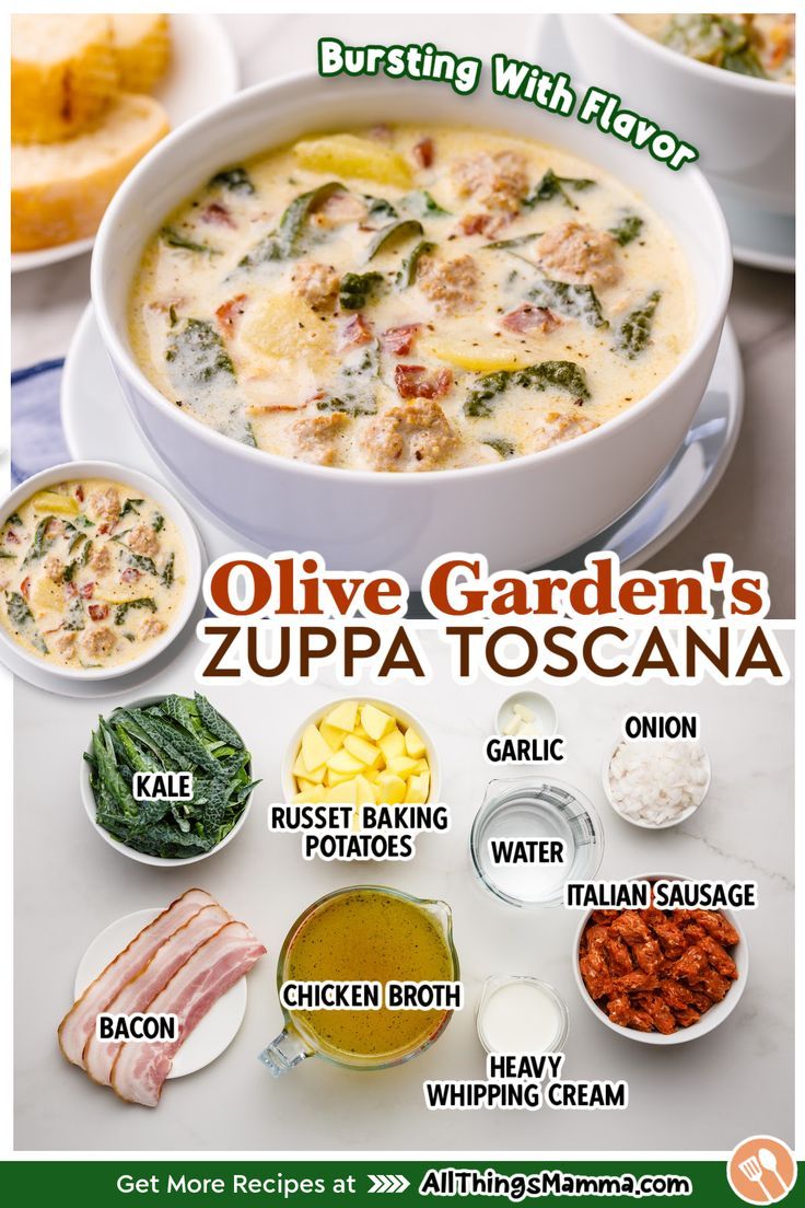 bowl of Olive Garden Zuppa Toscana Soup. ingredients to make Olive Garden Zuppa Toscana Soup. Olive Garden Zuppa Toscana Soup, Olive Garden Zuppa, Olive Garden Zuppa Toscana, Zuppa Toscana Soup, Toscana Soup, Comfort Soup Recipes, Homemade Soup Recipe, Comfort Soup, Delicious Soup Recipes