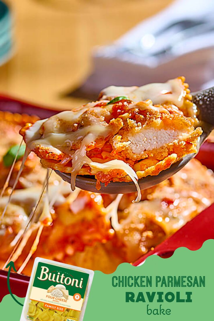 chicken parmesan ravioli bake on a spatula being lifted from a casserole dish