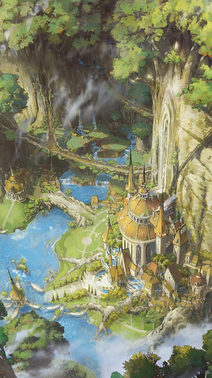 a painting of a castle in the middle of a forest with water and trees around it