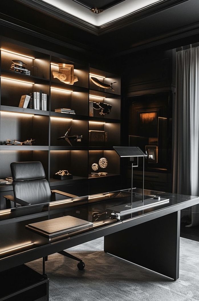 an office with black walls and shelves filled with leather chairs, desks and lamps