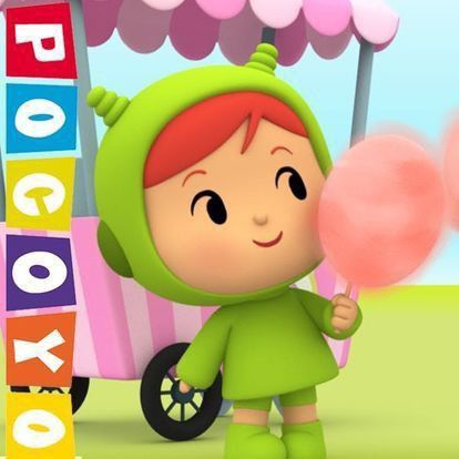 a cartoon character holding a lollipop in front of a candy cart with the word poco pop on it