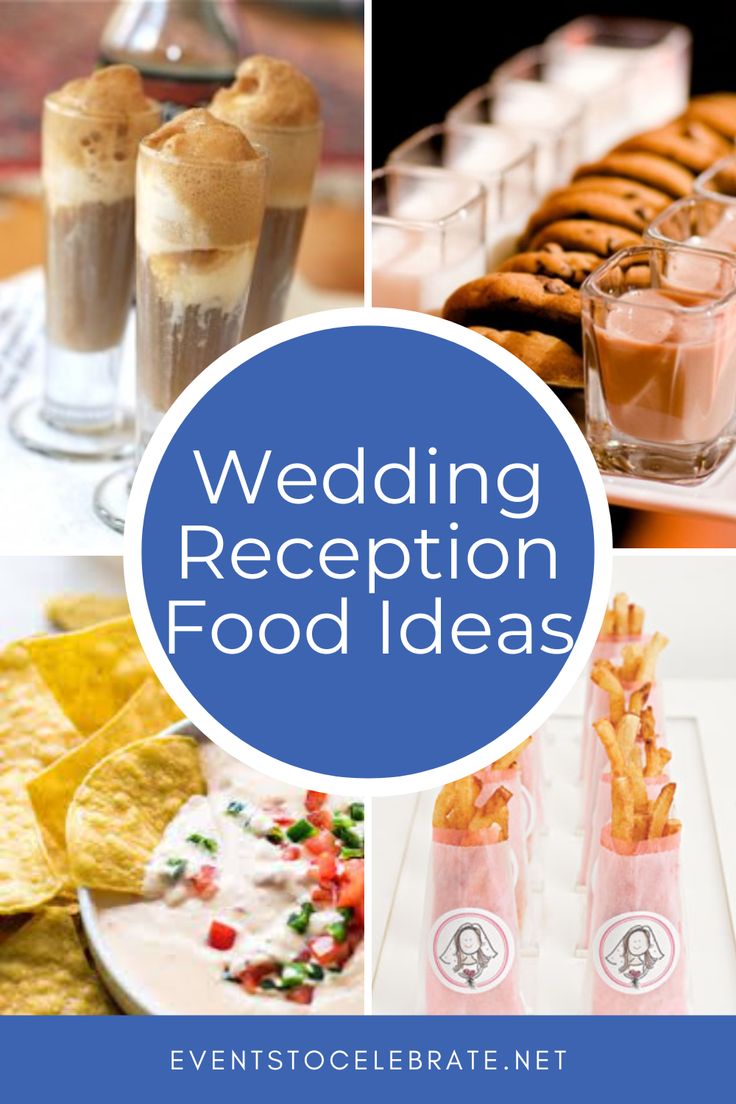 wedding reception food ideas with blue circle overlaying the top and bottom right corner