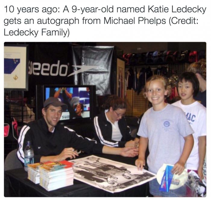 10 years ago: A 9-year-old named Katie Ledecky gets an autograph from Michael Phelps. They both won gold medals today Activist Quotes, Swimmer Memes, Swimming Jokes, Swimmer Girl Problems, Swimming Funny, Swimming Motivation, Swimming Memes, Swimmer Problems, Katie Ledecky