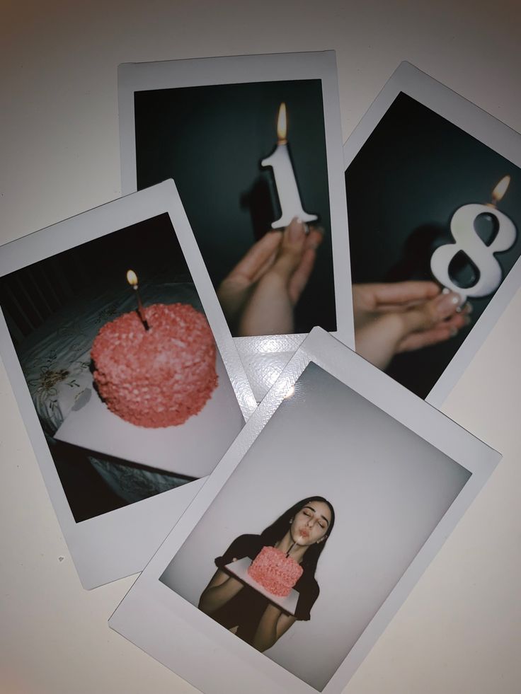 four polaroid photos of a woman holding a birthday cake with candles on it and the number eight