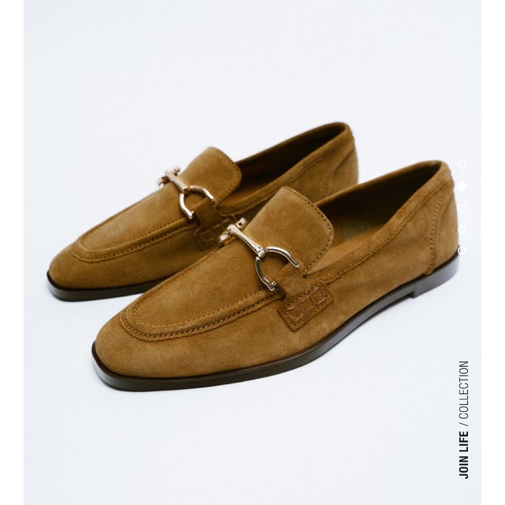 Nwt Size 38 Chic Brown Suede Loafers, Elegant Suede Flat Loafers, Chic Moccasins With Brogue Detailing, Elegant Zara Loafers For Office, Chic Zara Loafers For Fall, Chic Zara Loafers For Spring, Chic Zara Loafers For Office, Zara Loafers With Leather Sole For Work, Zara Leather Loafers For Work