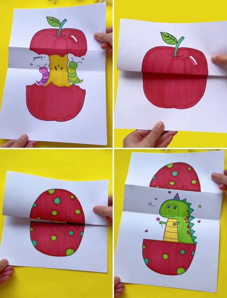 four pictures of an apple cut out to look like it has a dinosaur on it