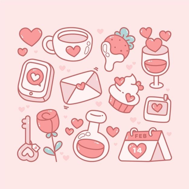 various items are arranged in the shape of a heart on a pink background with hearts