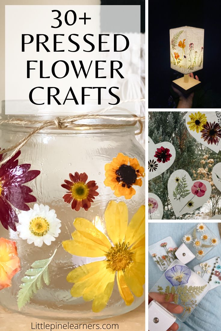 some flowers are in a glass jar with tags on it and the words, 30 pressed flower crafts