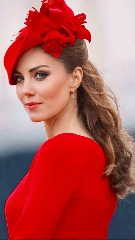 a woman wearing a red hat with flowers on it's head and long hair