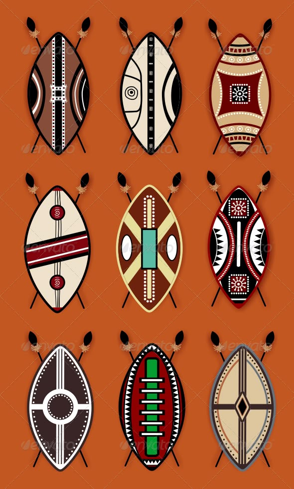 an assortment of african masks on orange background