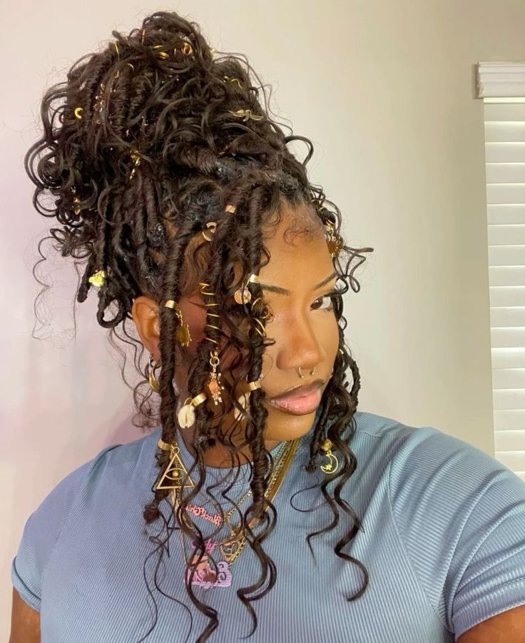 Hair Jewelry For Braids Black, Goddess Braids With Charms, Braids And Dreads Mixed, Curly Hair With Dreads, Goddess Faux Locs With Color, Goddess Locs Short, Faux Locs With Beads, Locs With Charms, Dreads Hairstyle For Women