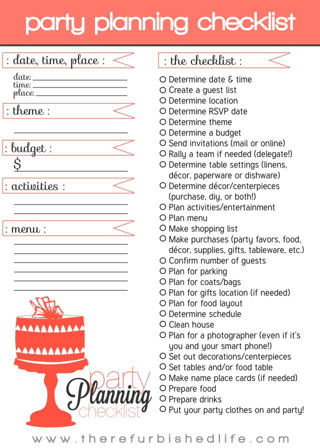 the party planning checklist is shown in red and white with pink trimmings