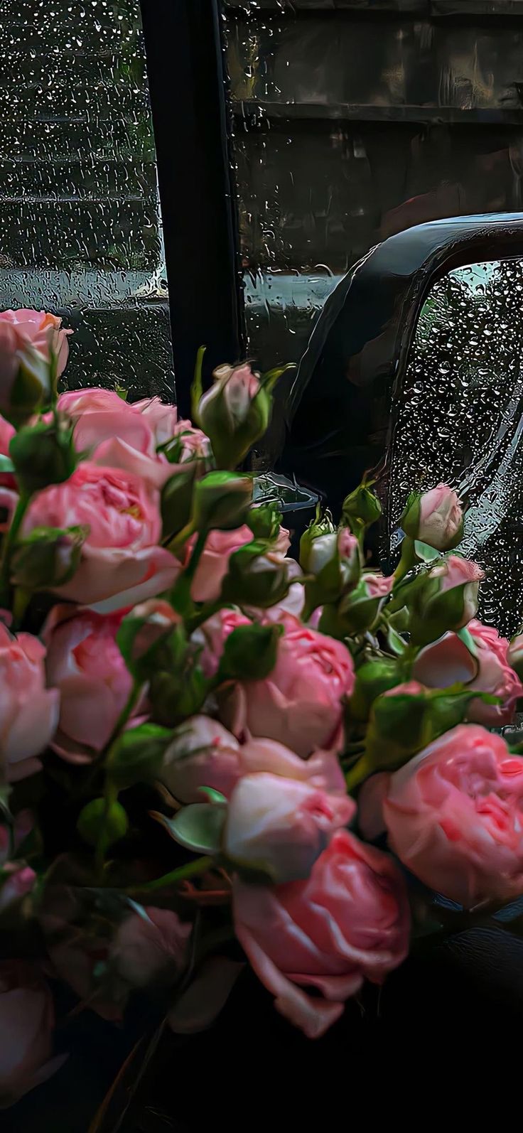 pink roses are sitting in front of a car with raindrops on the window