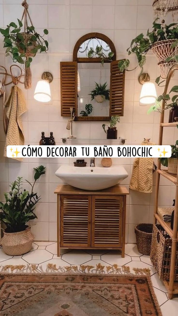 the bathroom is decorated in natural wood and has plants growing on the wall above the sink