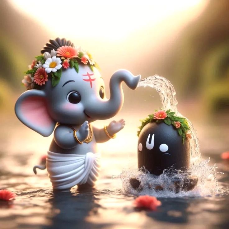 an elephant with flowers on its head and another elephant in the water next to it